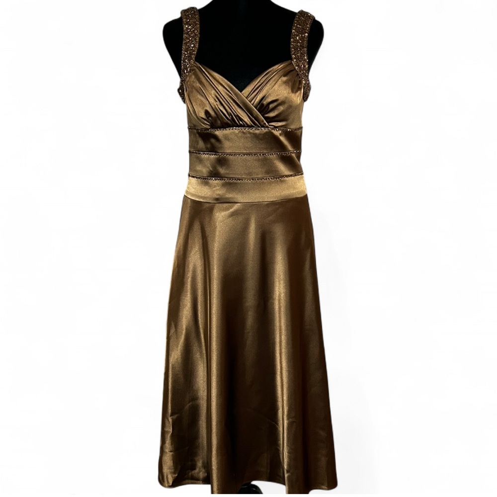 OC OC Brown Satin Midi Dress 4 W/Beaded Straps Back Zipper And Tie Waist NWOT